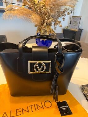 Valentino Black Leather Tote with Gold V-Logo and Tassel